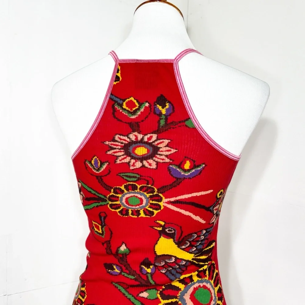 SOLD-Free People Tropical Bird Print Ribbed Red Tank Top - Picture 5 of 8